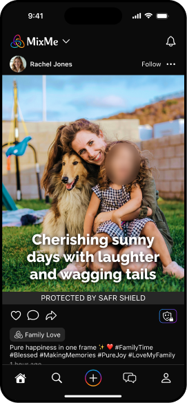 MixMe app screen: SAFR Shield automatically blurs children's faces for privacy